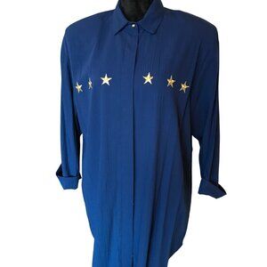 Niki & Danielle 70s Oversized Tunic: Navy Blouse, Appliqued Gold Stars, Size 12
